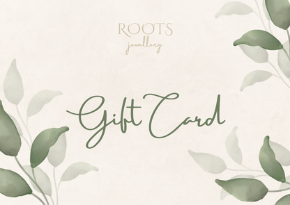 Find the ideal present with a Roots Jewellery Gift Card, designed with sophisticated green leaf patterns on an enchanting beige backdrop.