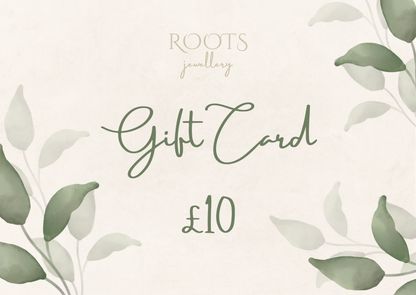 Find the ideal present with a Roots Jewellery Gift Card, designed with sophisticated green leaf patterns on an enchanting beige backdrop.