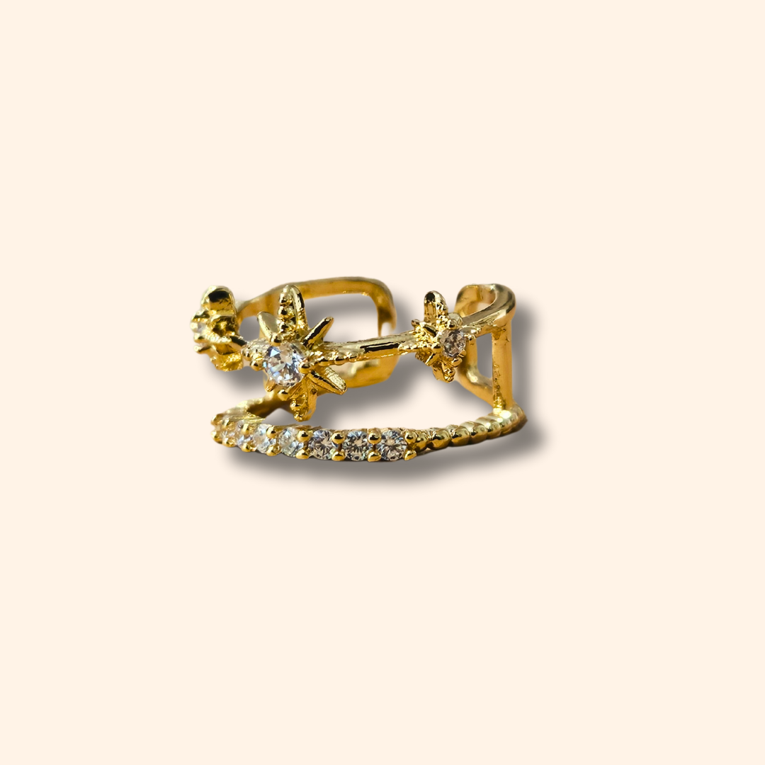 Constellation Gold Ring by Roots Jewellery, an adjustable gold ring with a star-shaped design adorned with embedded zircons set against a beige background.