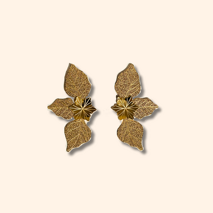 The Golden Leaf Charm Earrings by Roots Jewellery, showcasing intricate leaf designs, rest gracefully on a light beige surface and are equipped with durable stainless steel backings for enduring sophistication.