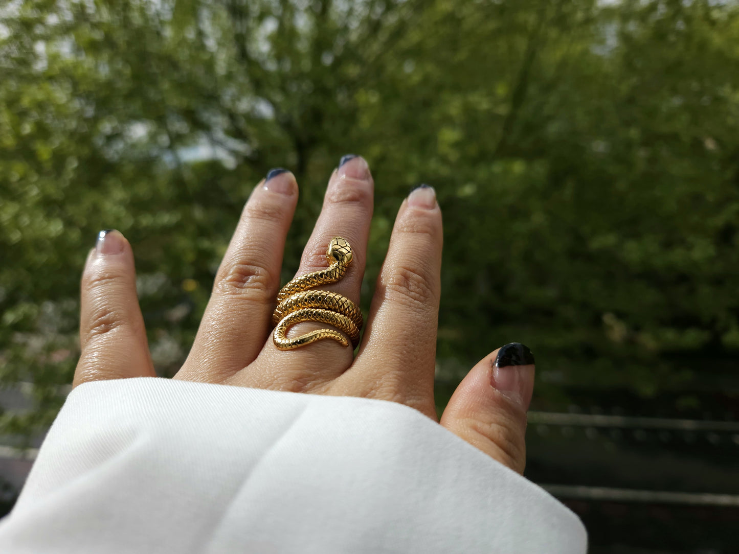 A hand adorned with a Golden Snake Ring by Roots Jewellery and black-tipped nails rests gracefully on soft, white pampas grass.